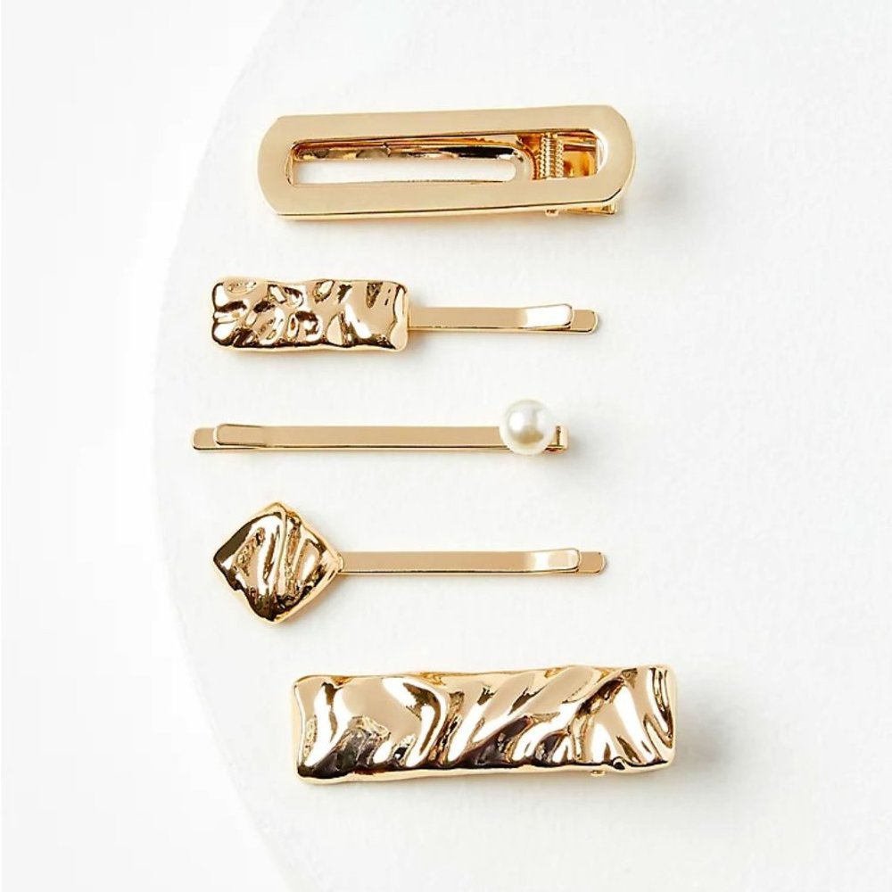 NEW Loft Ann Taylor Gold Pearl Bobby Pin Hair Barrette Clip Bundle Set of 5